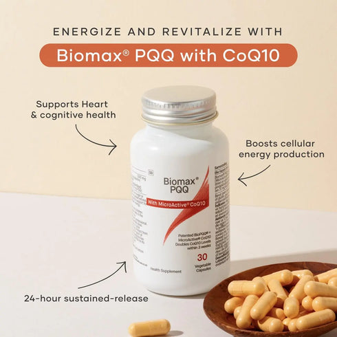 White bottle of BioMax PQQ + CoQ10 Complex 300mg 30vcaps on table with a bowl of capsules next to it showing some of the heart and energy benefits of taking BioMax PQQ + CoQ10 Complex 300mg 30vcaps
